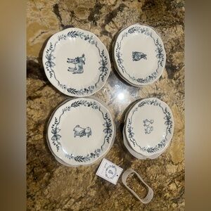 Dwell Essentials set of (4) 6” appetizer plates blue & white farmhouse animals